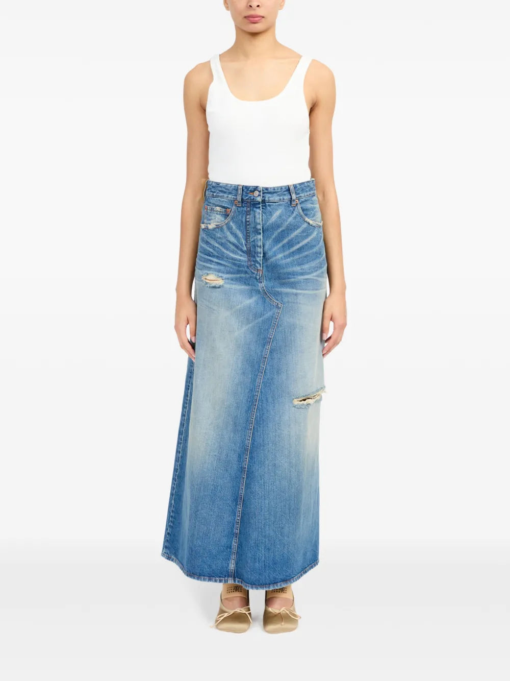 MM6 Denim Skirt, Long Denim Skirt, Distressed Effect Skirt, Spring-Summer 2025 Collection, Women's Fashion