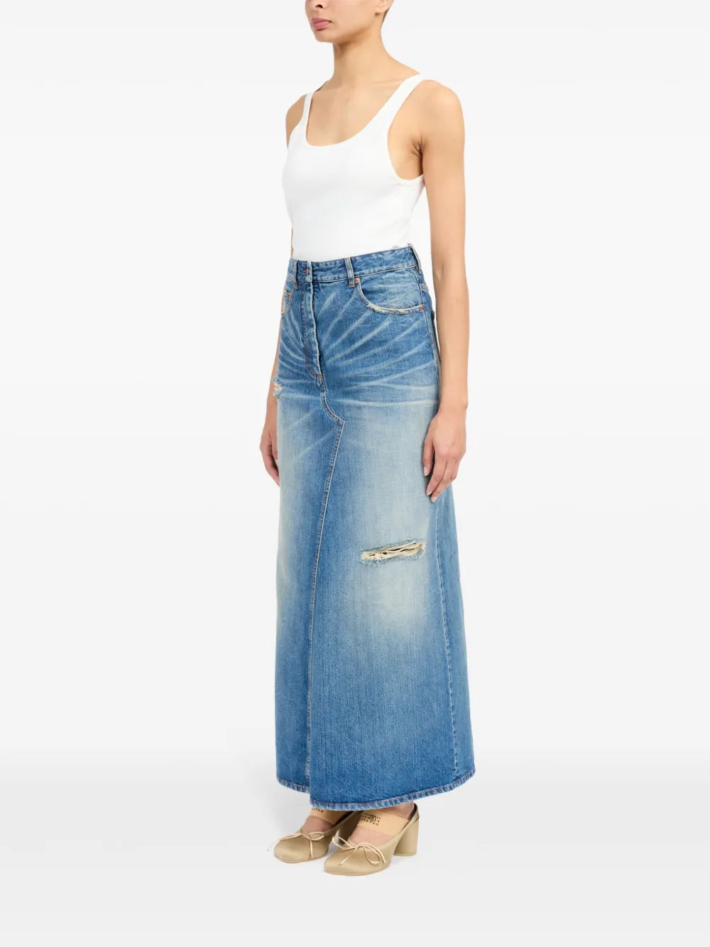 MM6 Denim Skirt, Long Denim Skirt, Distressed Effect Skirt, Spring-Summer 2025 Collection, Women's Fashion