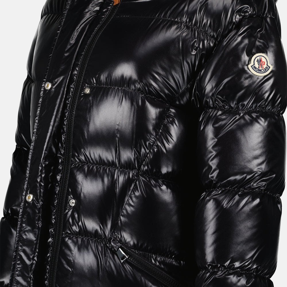 Bellevue puffer coat, Moncler black coat, luxury outerwear, winter fashion 2024, high-shine nylon coat