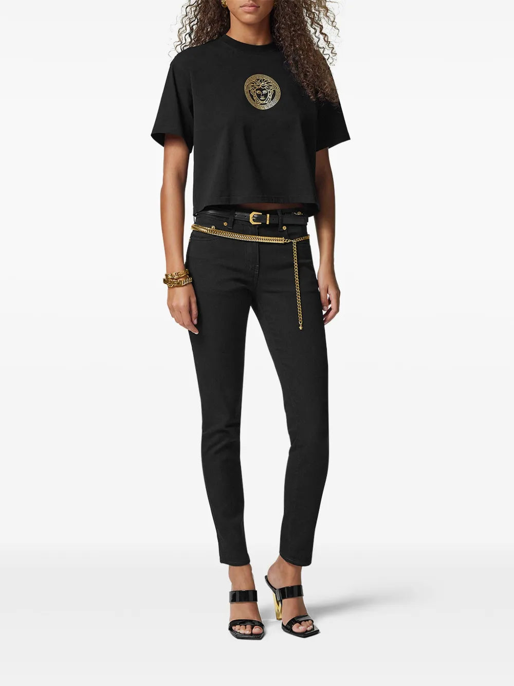 slim denim jeans, Versace jeans, black jeans, designer denim, Medusa detail jeans
