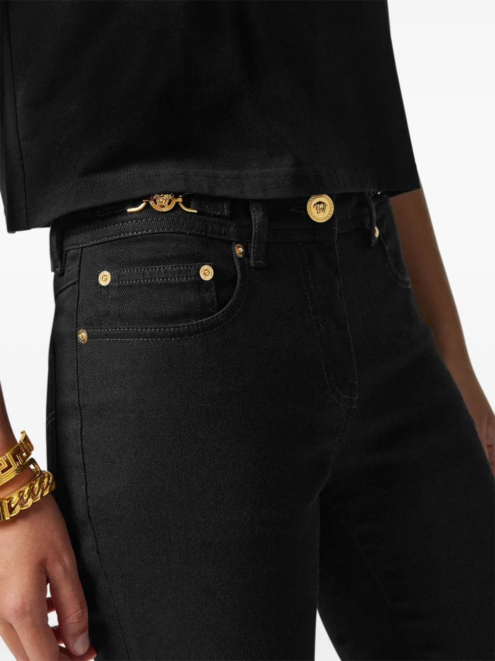 slim denim jeans, Versace jeans, black jeans, designer denim, Medusa detail jeans
