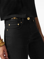 slim denim jeans, Versace jeans, black jeans, designer denim, Medusa detail jeans