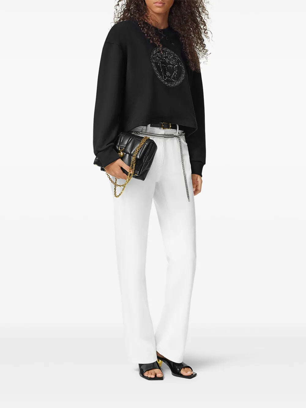 Medusa sweatshirt, Versace apparel, black sweatshirt, women's fashion, statement sweatshirt