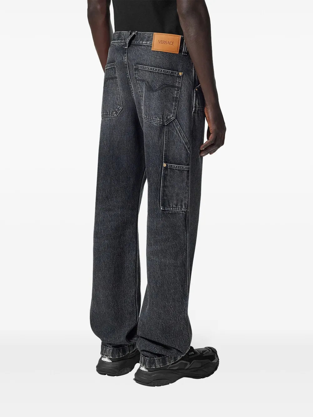 grayed denim cargo pants, Versace cargo pants, classic fit cargo, stylish men's pants, five pocket denim trousers