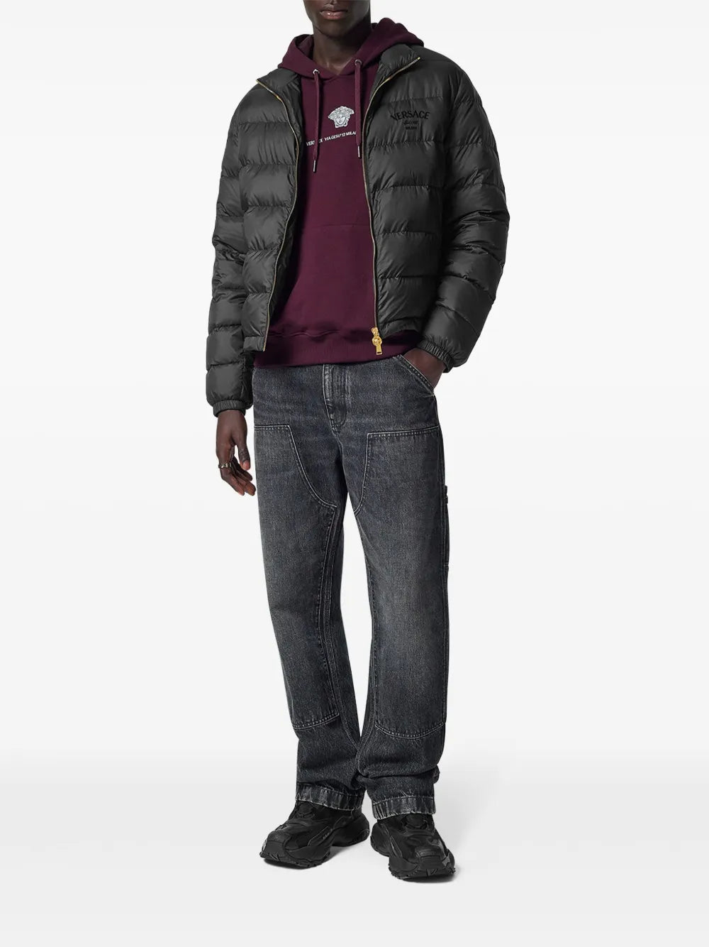 grayed denim cargo pants, Versace cargo pants, classic fit cargo, stylish men's pants, five pocket denim trousers