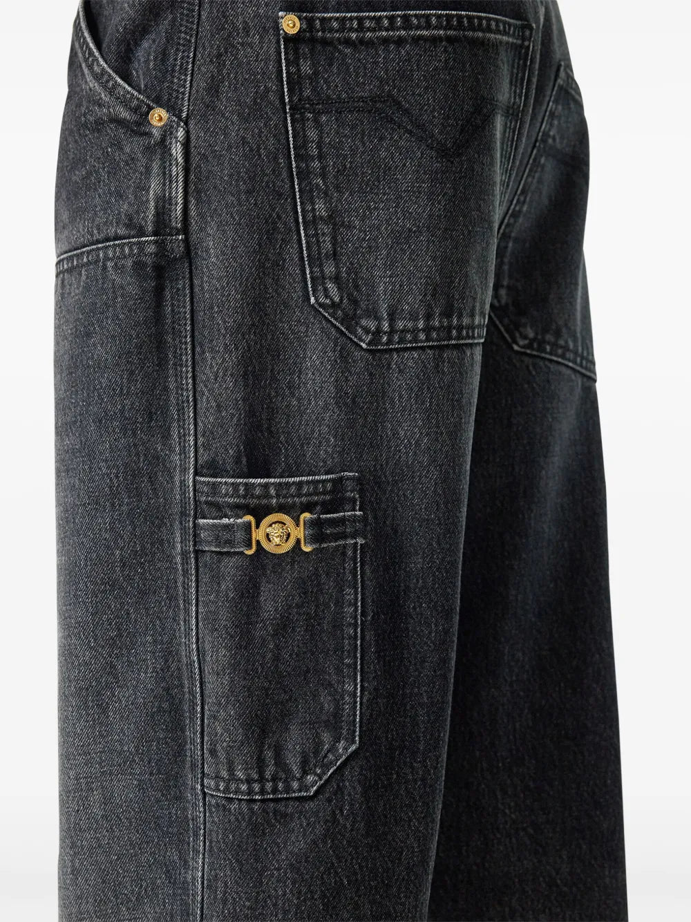grayed denim cargo pants, Versace cargo pants, classic fit cargo, stylish men's pants, five pocket denim trousers