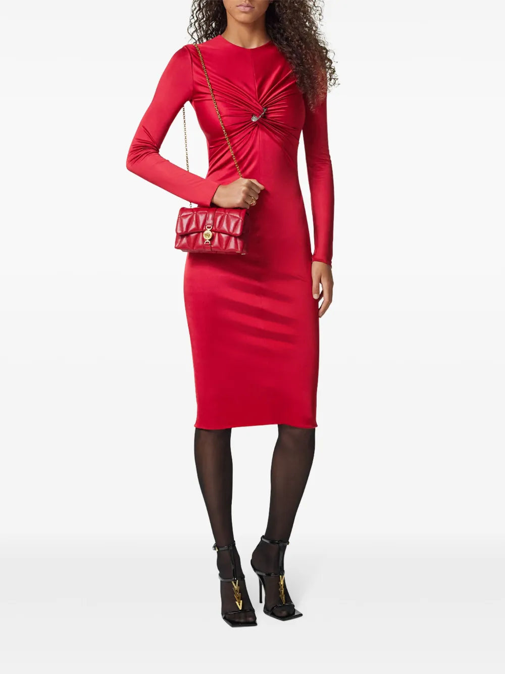 cocktail dress, red evening gown, Versace dress, women's fashion, fitted silhouette