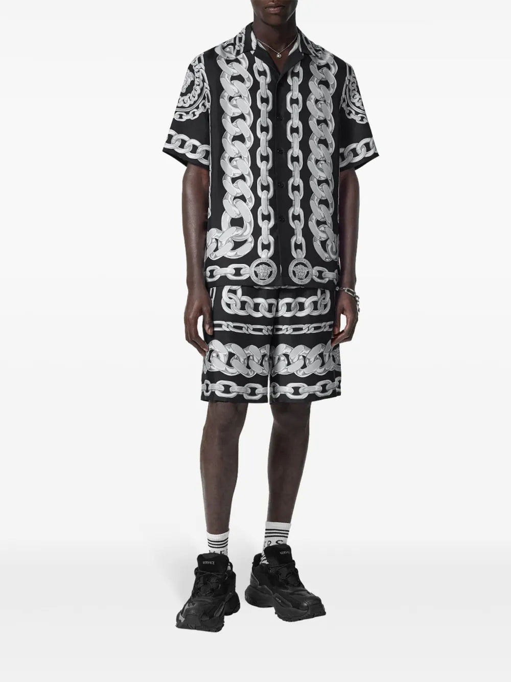 Medusa Chains, Silk Shorts, Bicolored Design, Designer Apparel, Versace Style