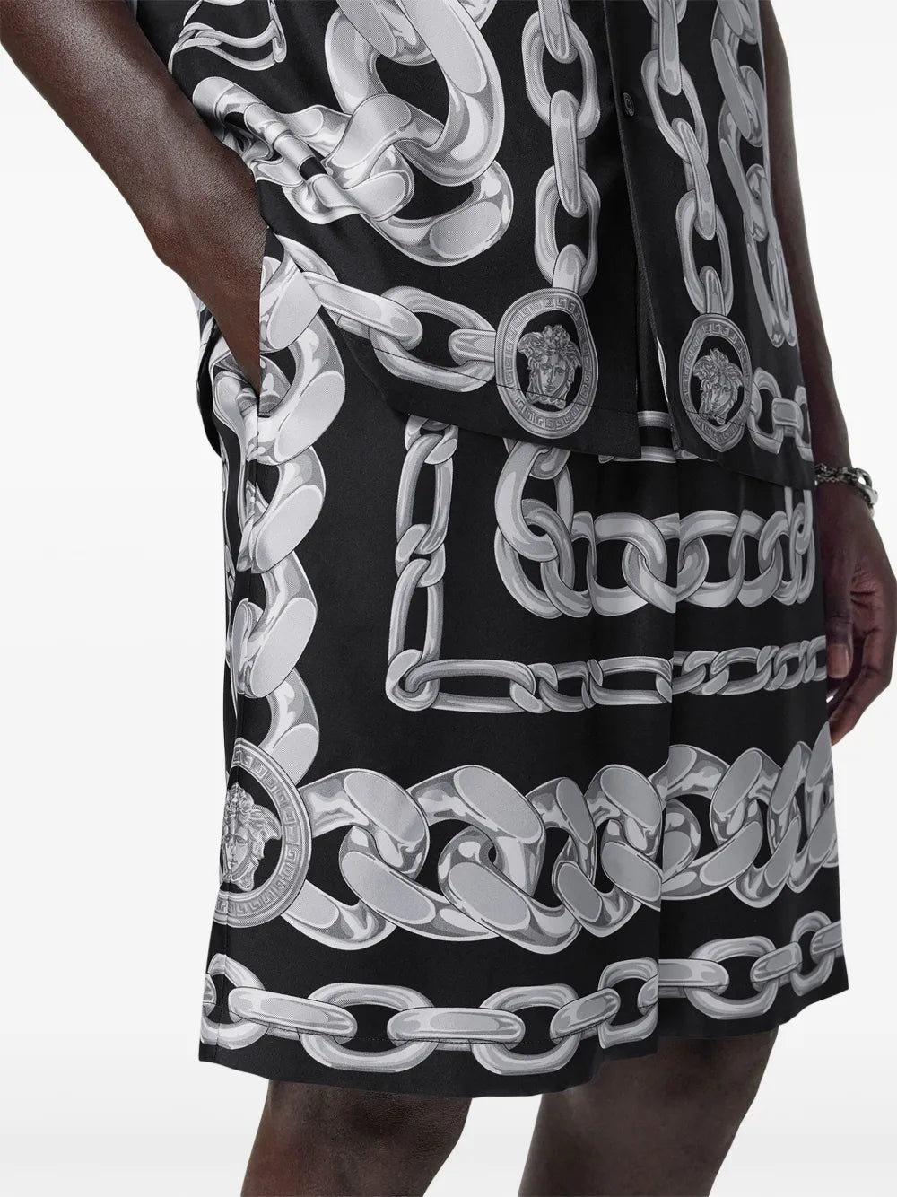 Medusa Chains, Silk Shorts, Bicolored Design, Designer Apparel, Versace Style