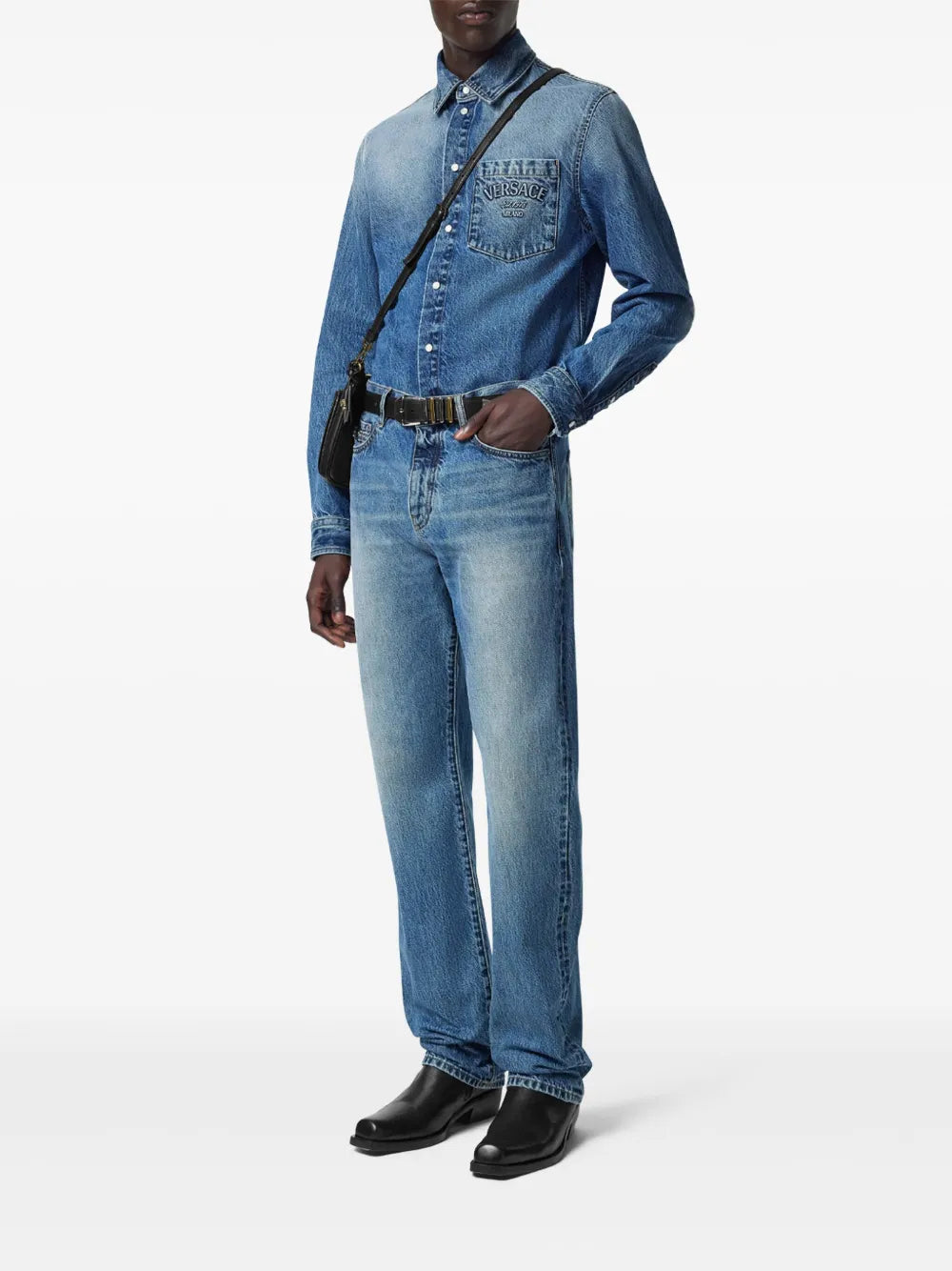 embroidered denim shirt, Versace shirt, men's denim fashion, blue button-up shirt, designer casual wear