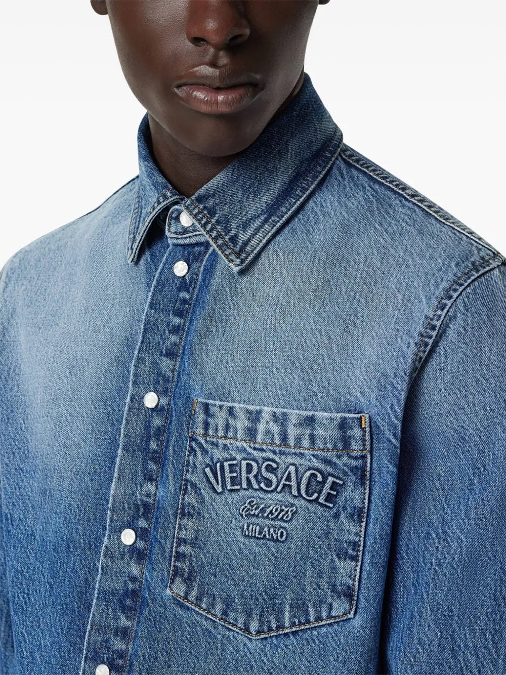 embroidered denim shirt, Versace shirt, men's denim fashion, blue button-up shirt, designer casual wear