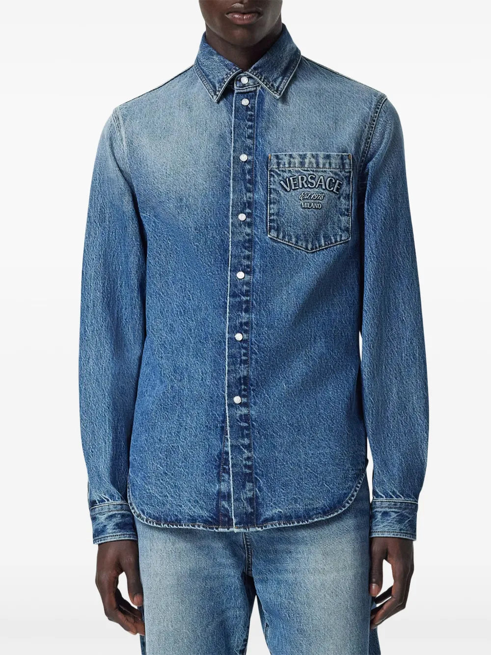 embroidered denim shirt, Versace shirt, men's denim fashion, blue button-up shirt, designer casual wear