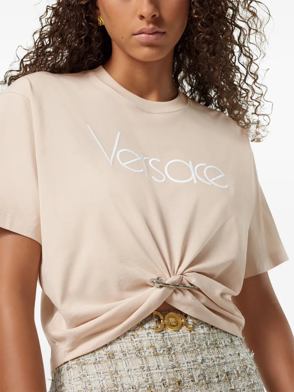 Versace crop tee, beige safety pin tee, cotton crop top, fashionable summer Tshirt, stylish beige tee