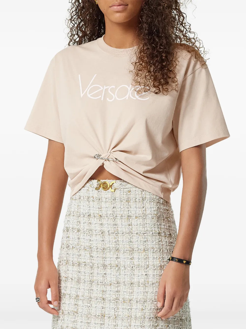 Versace crop tee, beige safety pin tee, cotton crop top, fashionable summer Tshirt, stylish beige tee