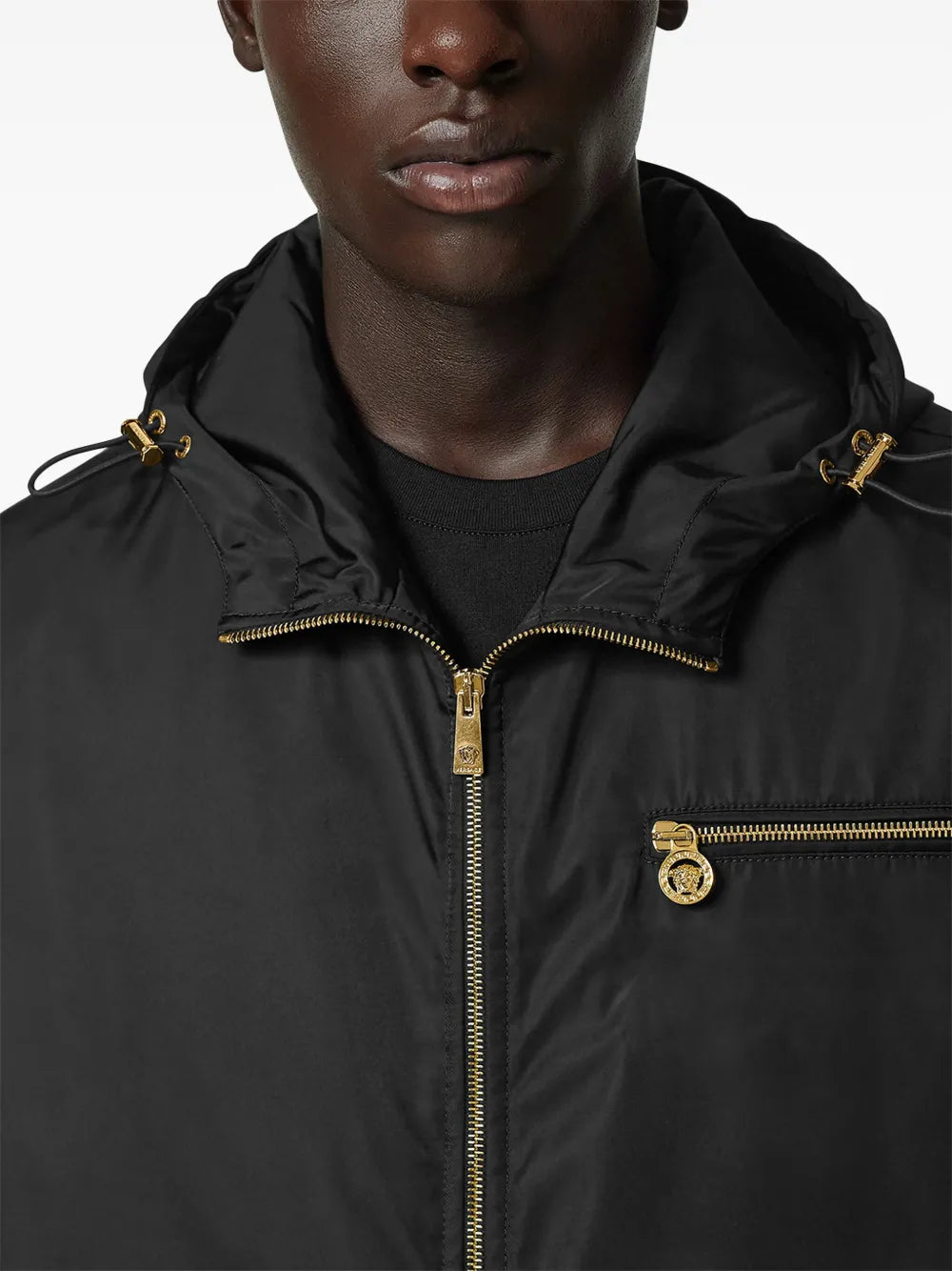 black windbreaker, nylon jacket, Versace outerwear, men's fashion, contemporary style
