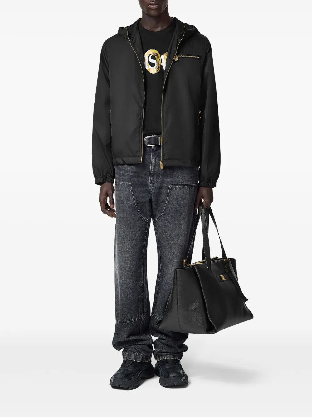 black windbreaker, nylon jacket, Versace outerwear, men's fashion, contemporary style