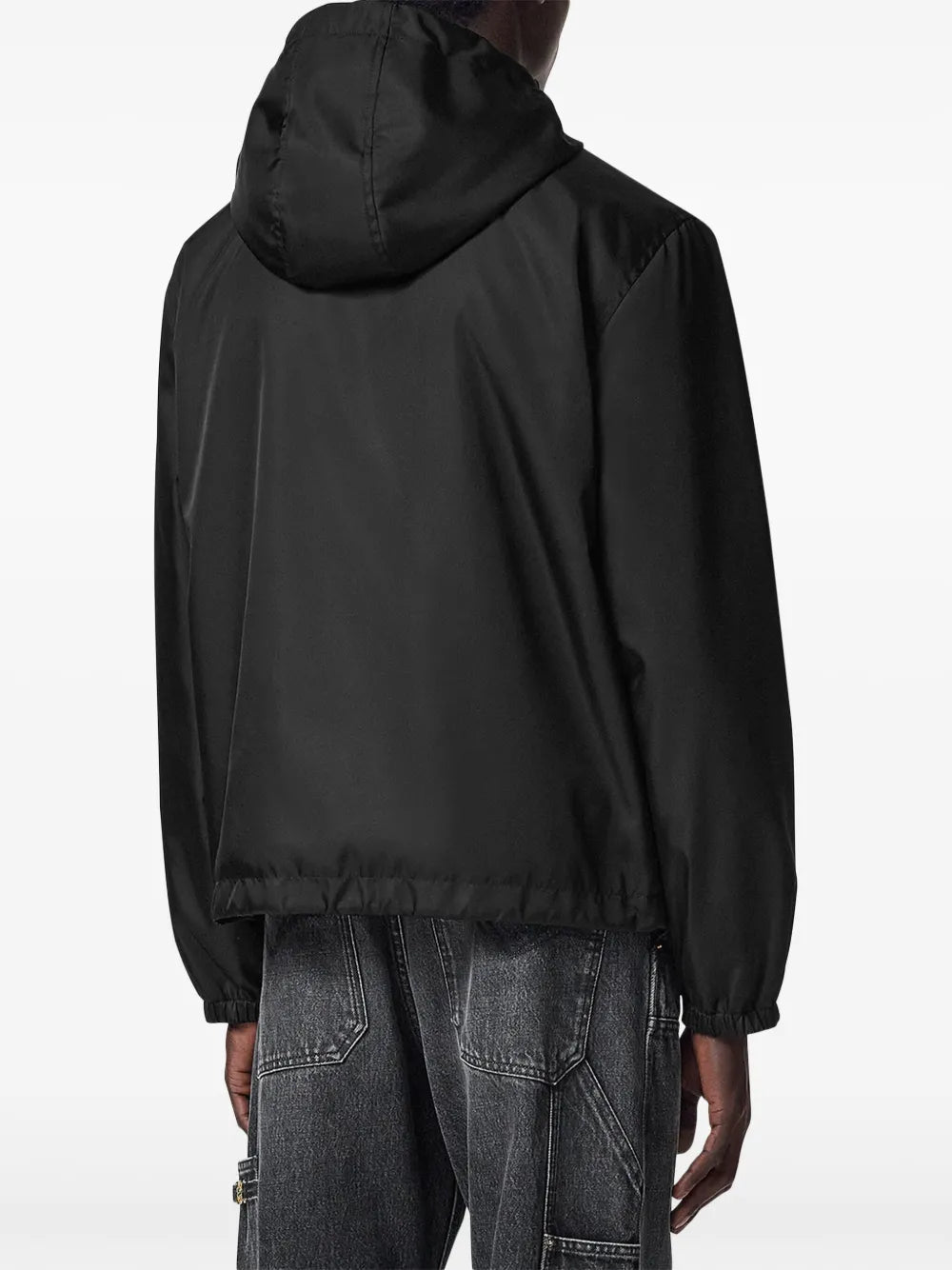 black windbreaker, nylon jacket, Versace outerwear, men's fashion, contemporary style