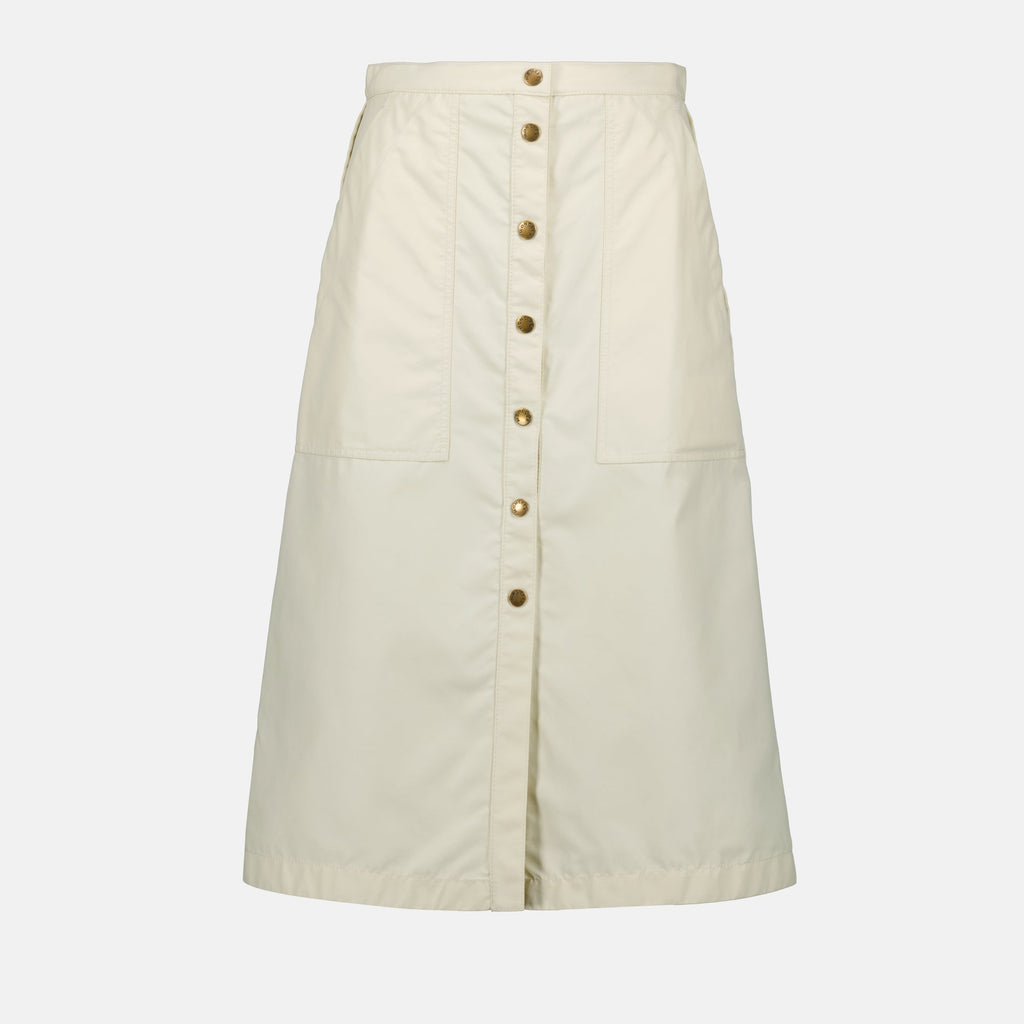beige skirt, Moncler fashion, midi length skirt, women's wear, technical fabric skirt