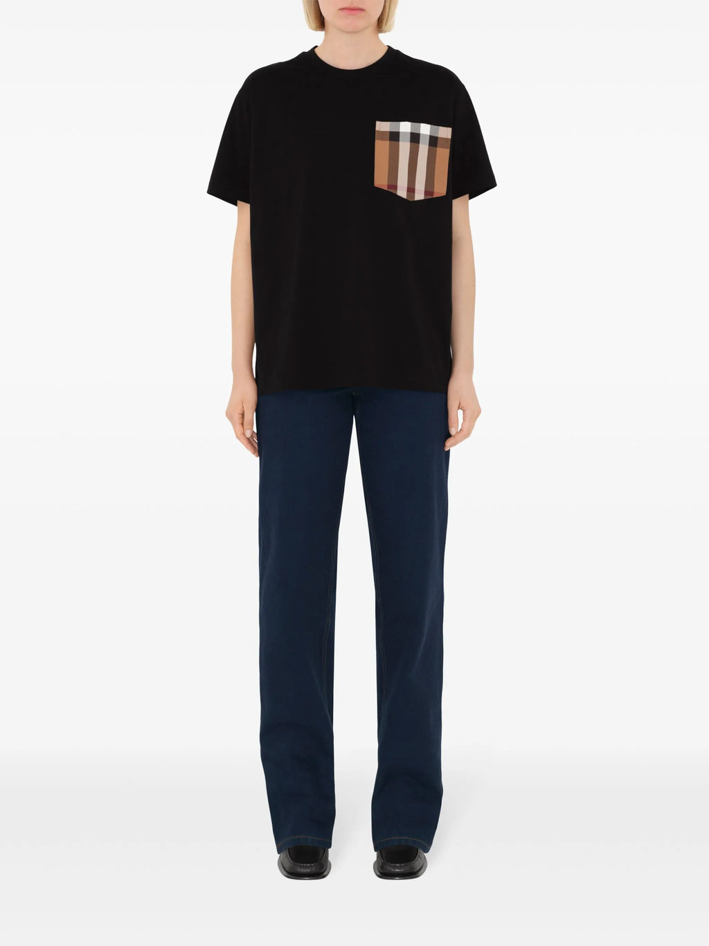Image of Check Black T-Shirt by Burberry for Women - Season Spring-Summer 2026 - Model view 1