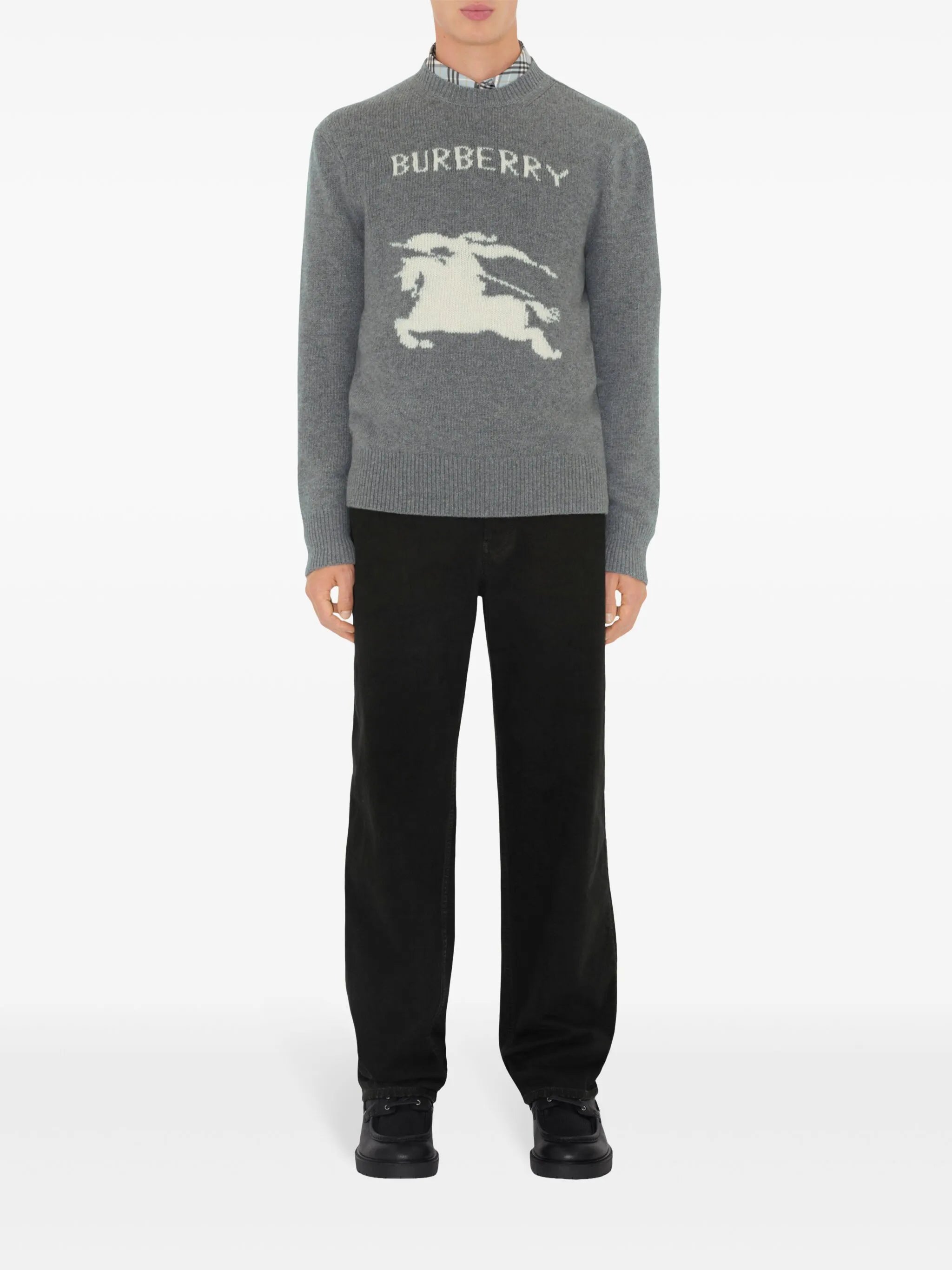 Image of Ekd Grey Cashmere Wool Sweater by Burberry for Men - Season Spring-Summer 2026 - Model view 1