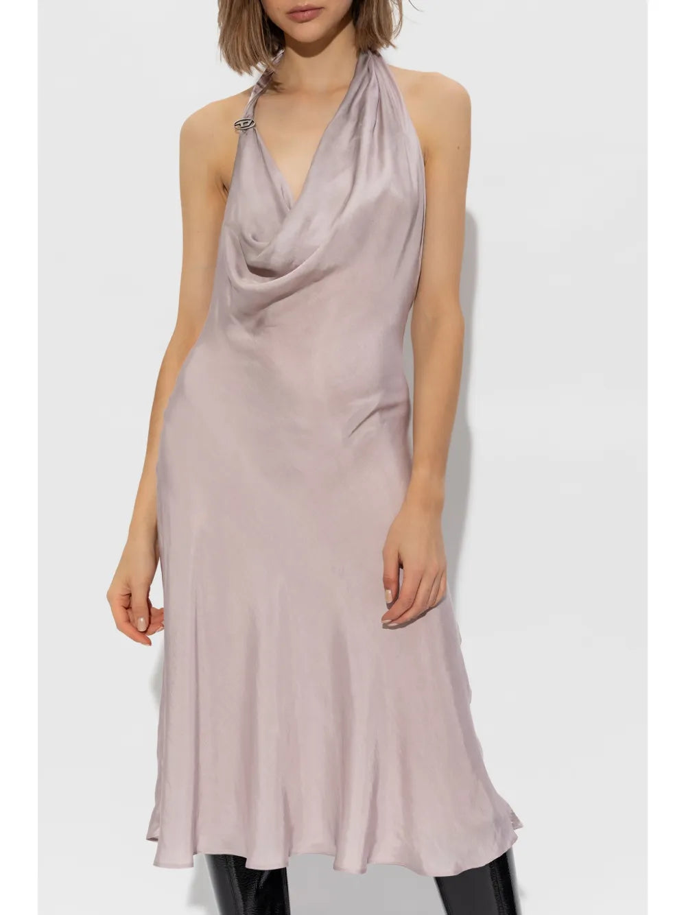 draped midi dress, Diesel dress, pink pale dress, cupro modal dress, V-neck sleeveless dress