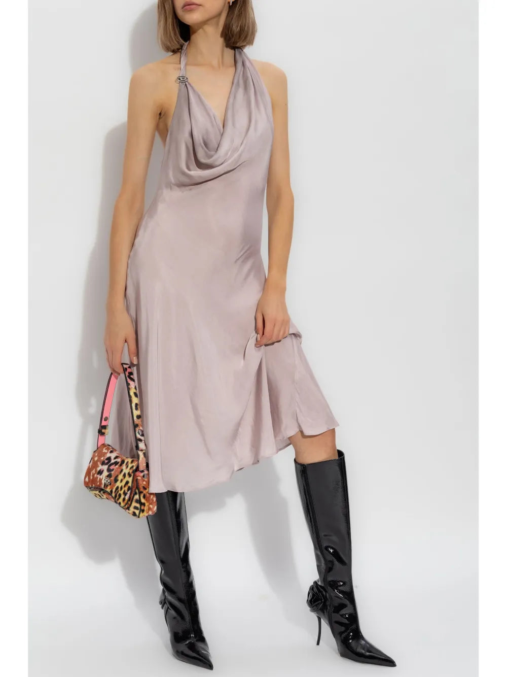 draped midi dress, Diesel dress, pink pale dress, cupro modal dress, V-neck sleeveless dress