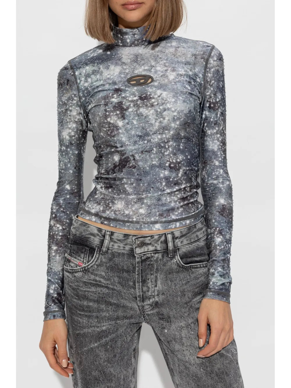 T-Akara top, galaxy print top, Diesel spring collection, slim fit top, high neck top