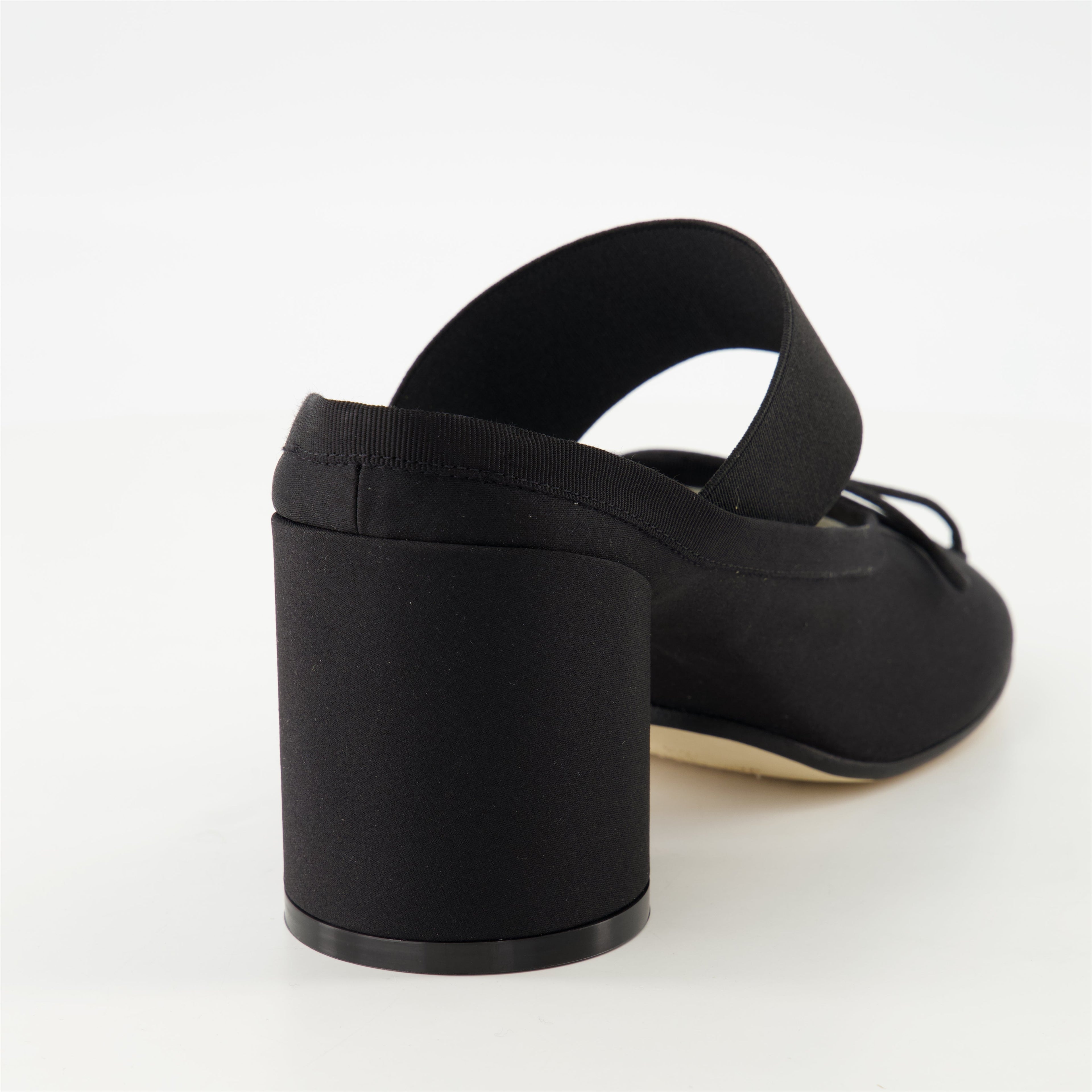 Black Satin Ballerinas, MM6 Mule Design, Cylindrical Heel Mules, Handcrafted Women's Shoes, Anatomical Toe Footwear