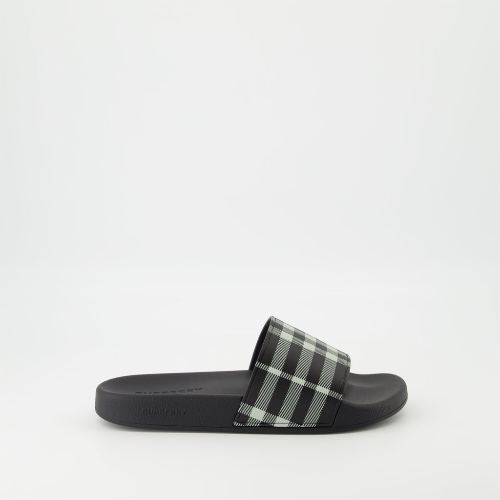 Burberry slides, Check print sandals, Polyurethane footwear, Casual slides, Designer sandals