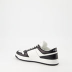 Image of White and Black Leather Downtown Sneakers by Prada for Women - Season Autumn-Winter 2024 - Back Right Three-Quarter View