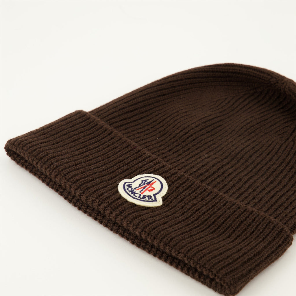 Moncler beanie, brown wool hat, ribbed knit beanie, Autumn-Winter accessory, felt logo hat