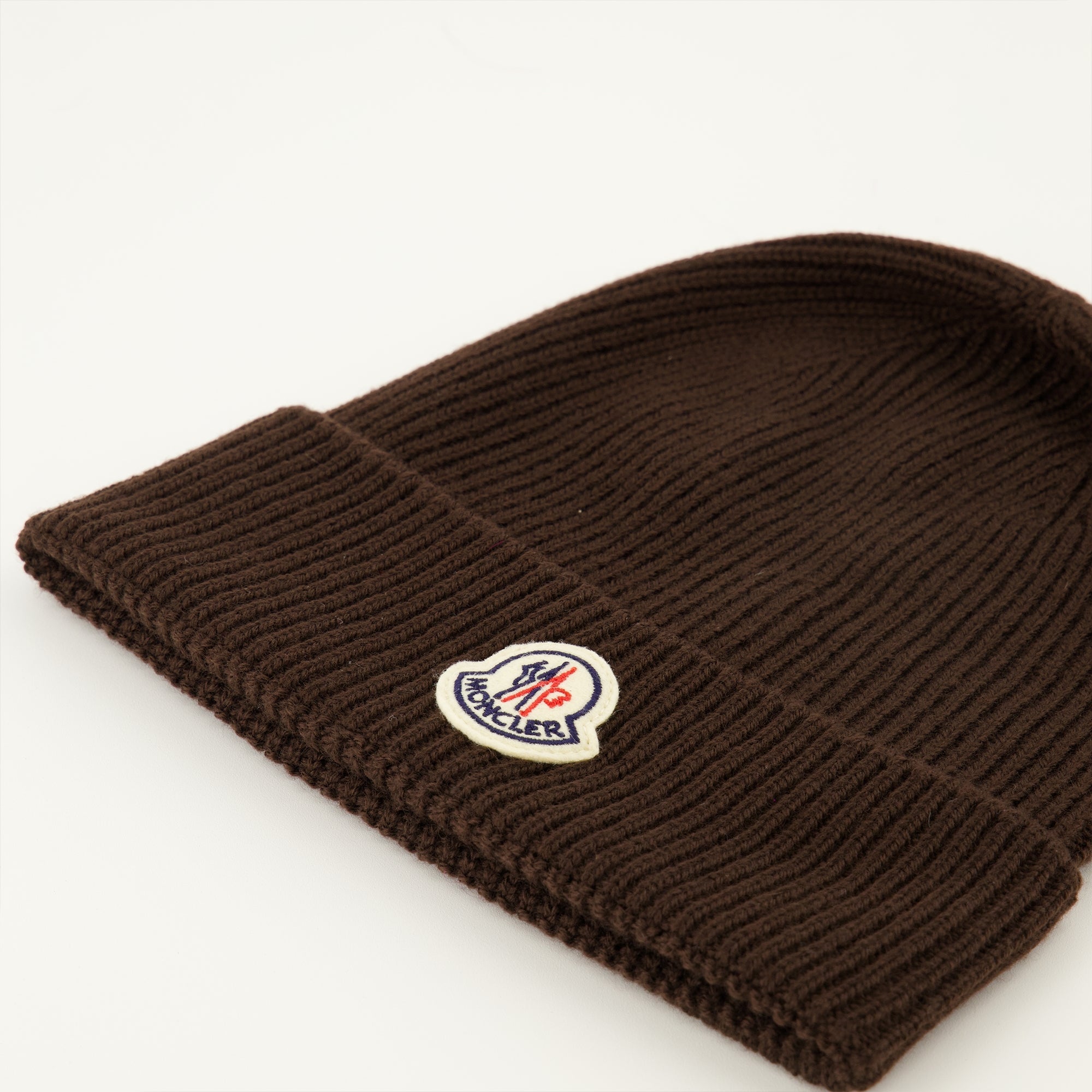 Moncler beanie, brown wool hat, ribbed knit beanie, Autumn-Winter accessory, felt logo hat