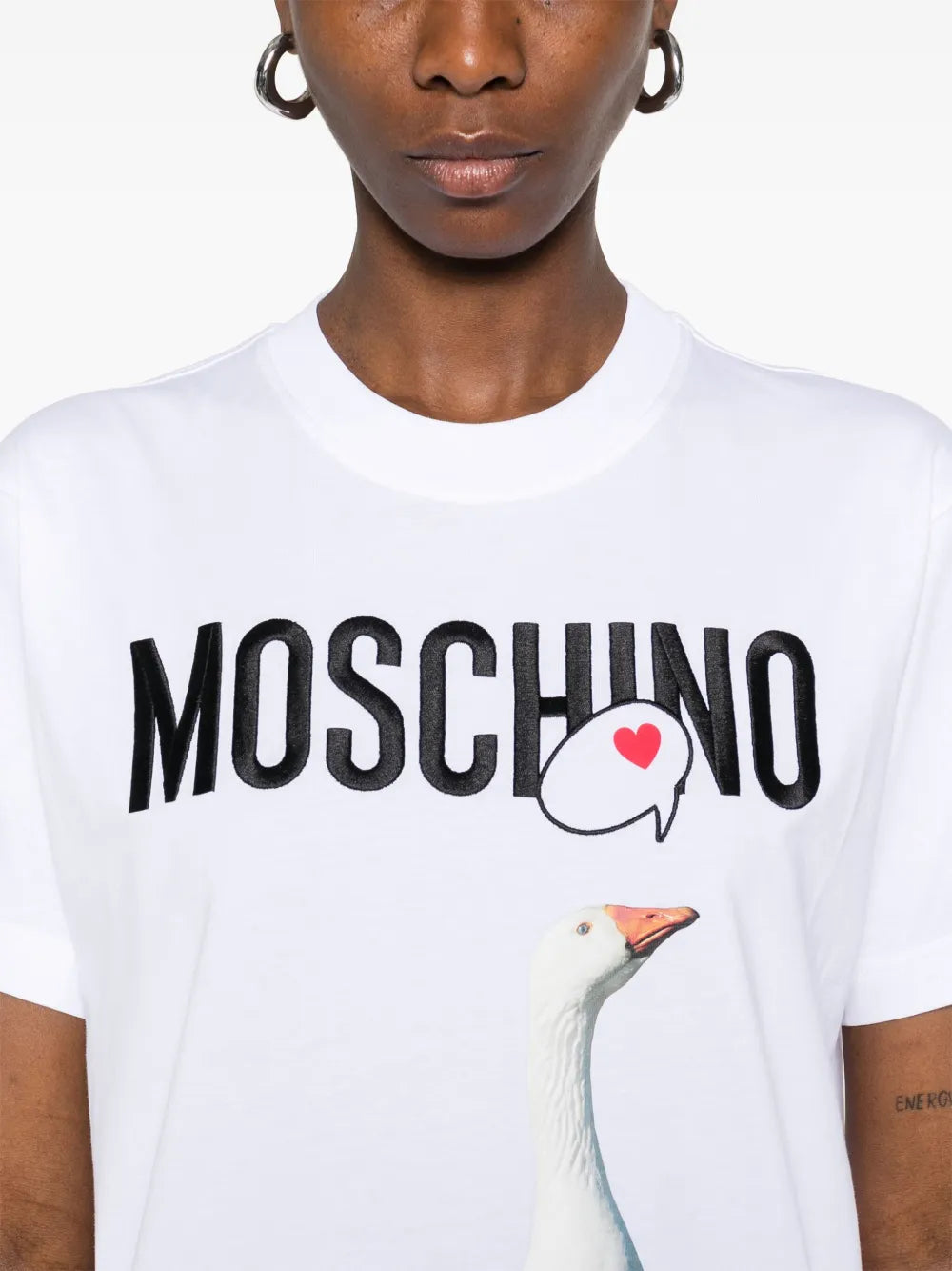 Moschino T-shirt, white printed tee, cotton tee, women's casual wear, fashionable T-shirt