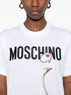 Image of White Goose Print T-Shirt by Moschino for Women - Season Spring-Summer 2025 - Model view 4