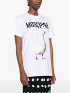 Image of White Goose Print T-Shirt by Moschino for Women - Season Spring-Summer 2025 - Model view 2