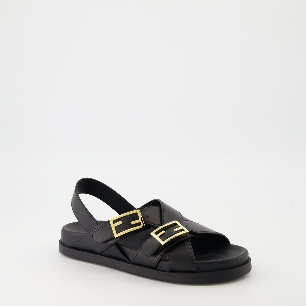Fendi sandals, Fendi footwear, black sandals, adjustable straps, luxury sandals