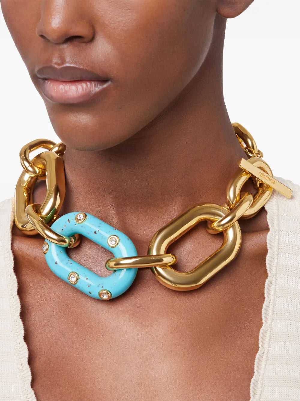 necklace, Rabanne, turquoise jewelry, statement accessory, brass necklace