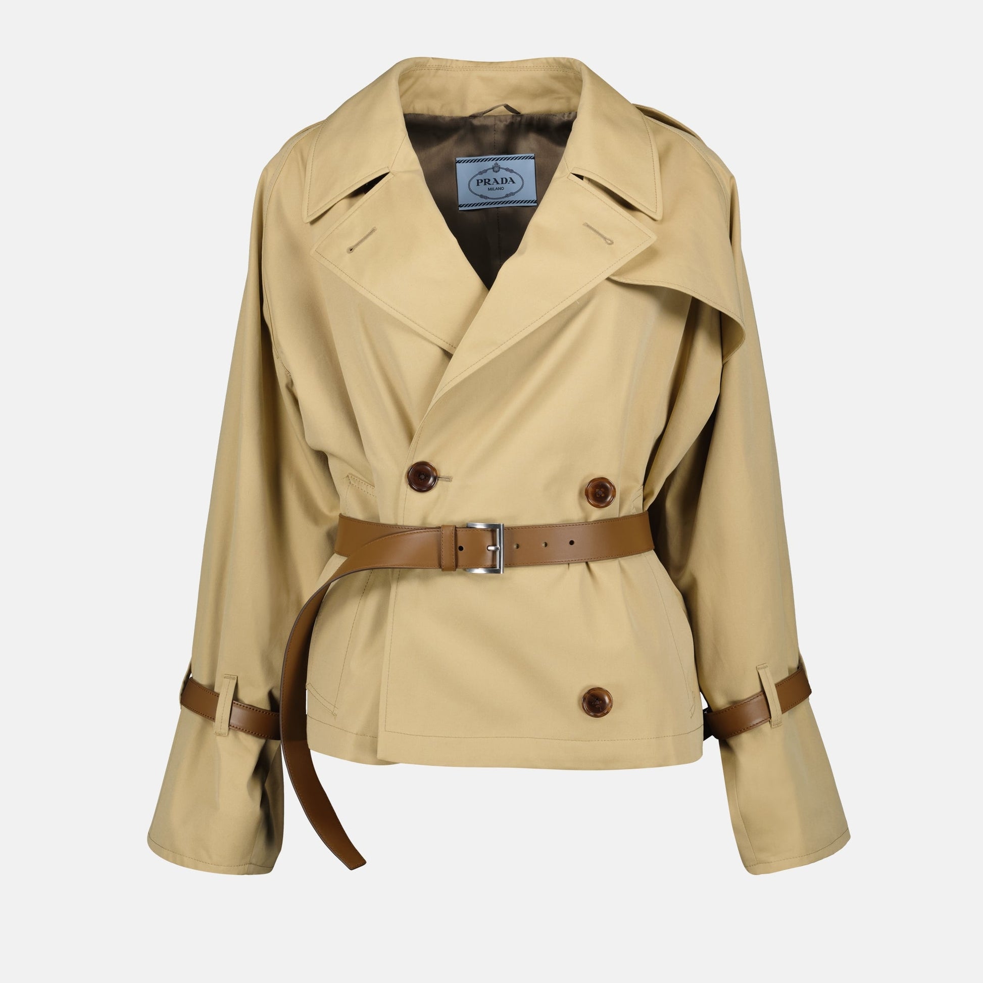 Prada trench coat, beige cotton trench, luxury outerwear, autumn-winter fashion, high-end trench coat