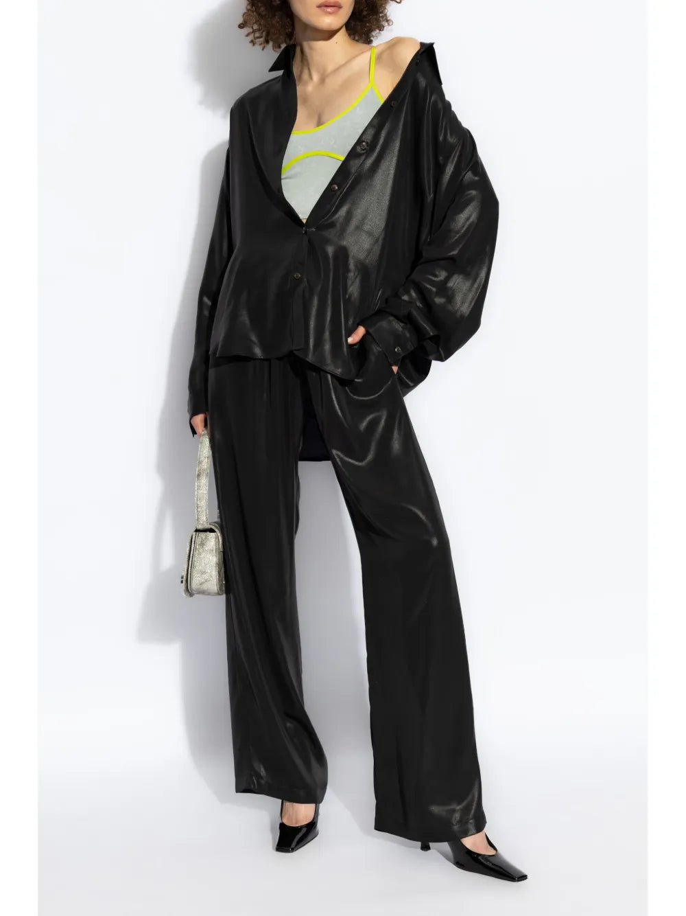 laminated shirt, Diesel black shirt, classic collar shirt, metallic finish shirt, women's casual shirt