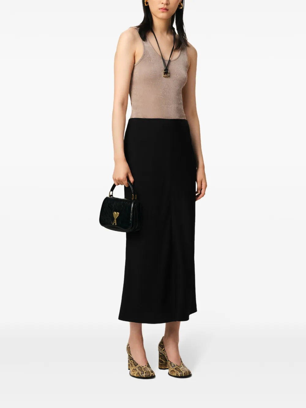 black midi skirt, AMI Paris, women's fashion, Viscose crêpe, Spring-Summer 2025