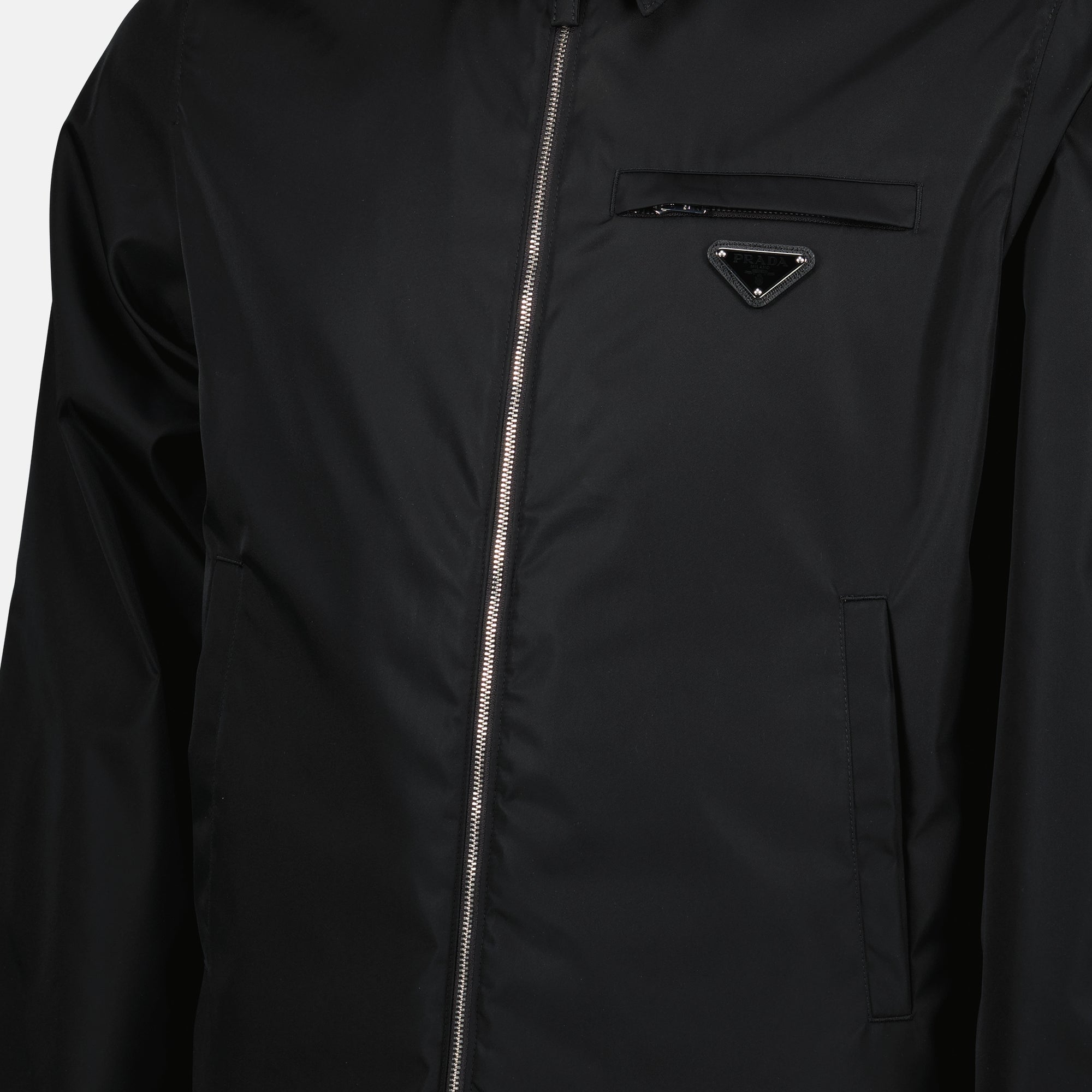 Prada jacket, black nylon jacket, men's outerwear, sustainable fashion, Spring-Summer 2025 collection