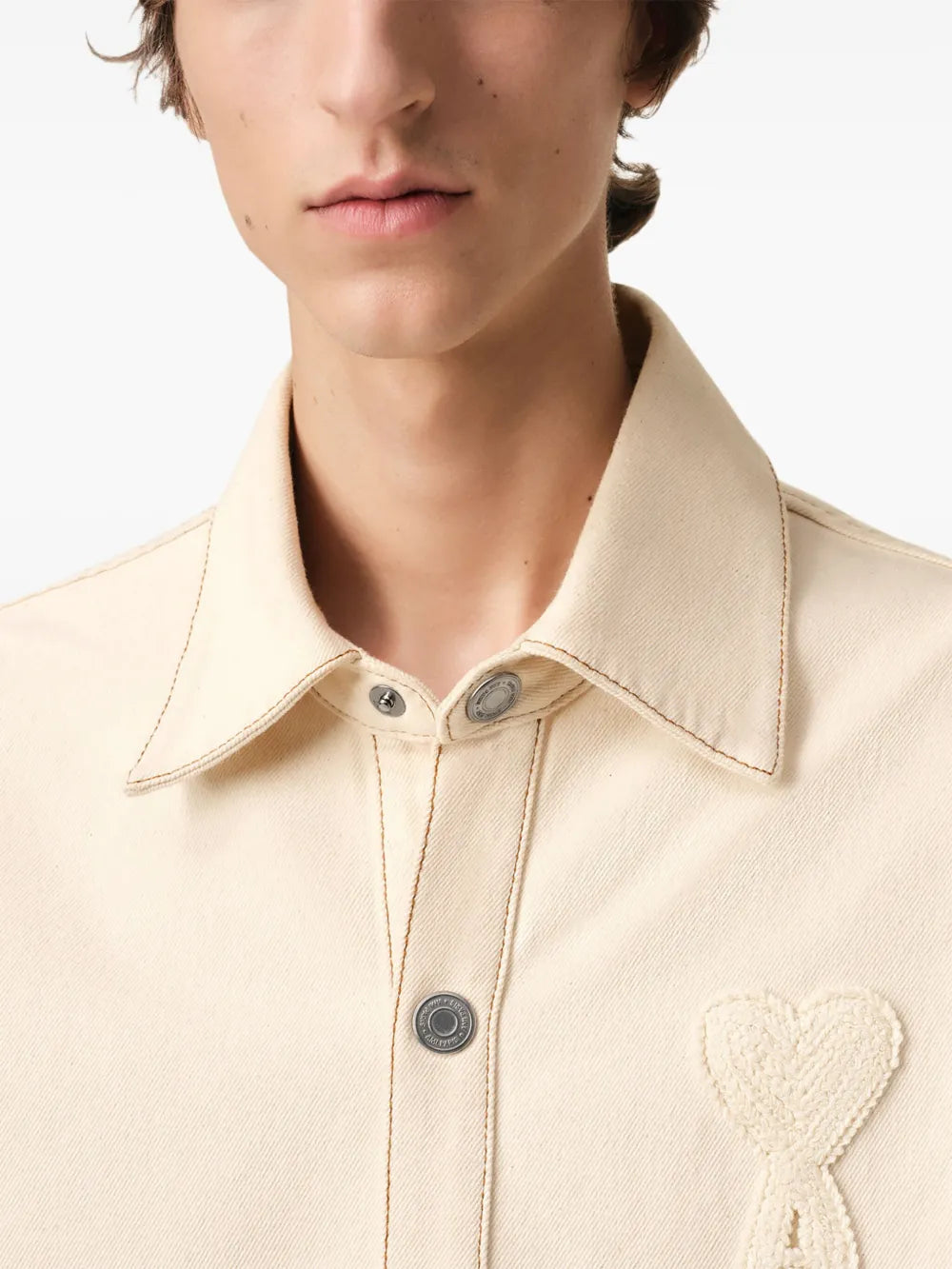 beige denim shirt, Ami de Coeur, classic collar shirt, men's denim wear, Spring-Summer 2025 collection
