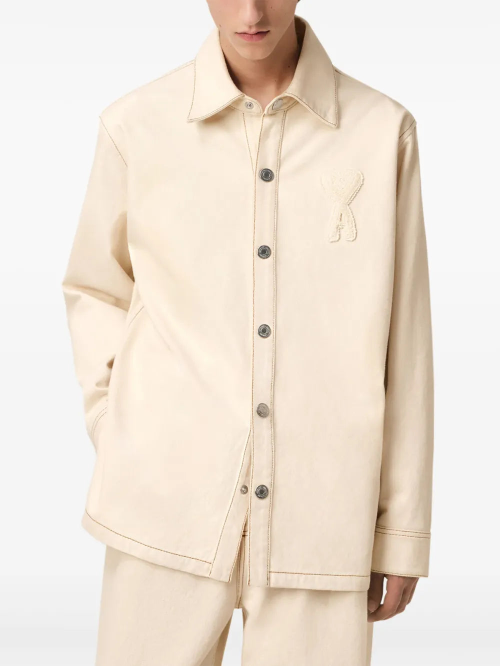 beige denim shirt, Ami de Coeur, classic collar shirt, men's denim wear, Spring-Summer 2025 collection