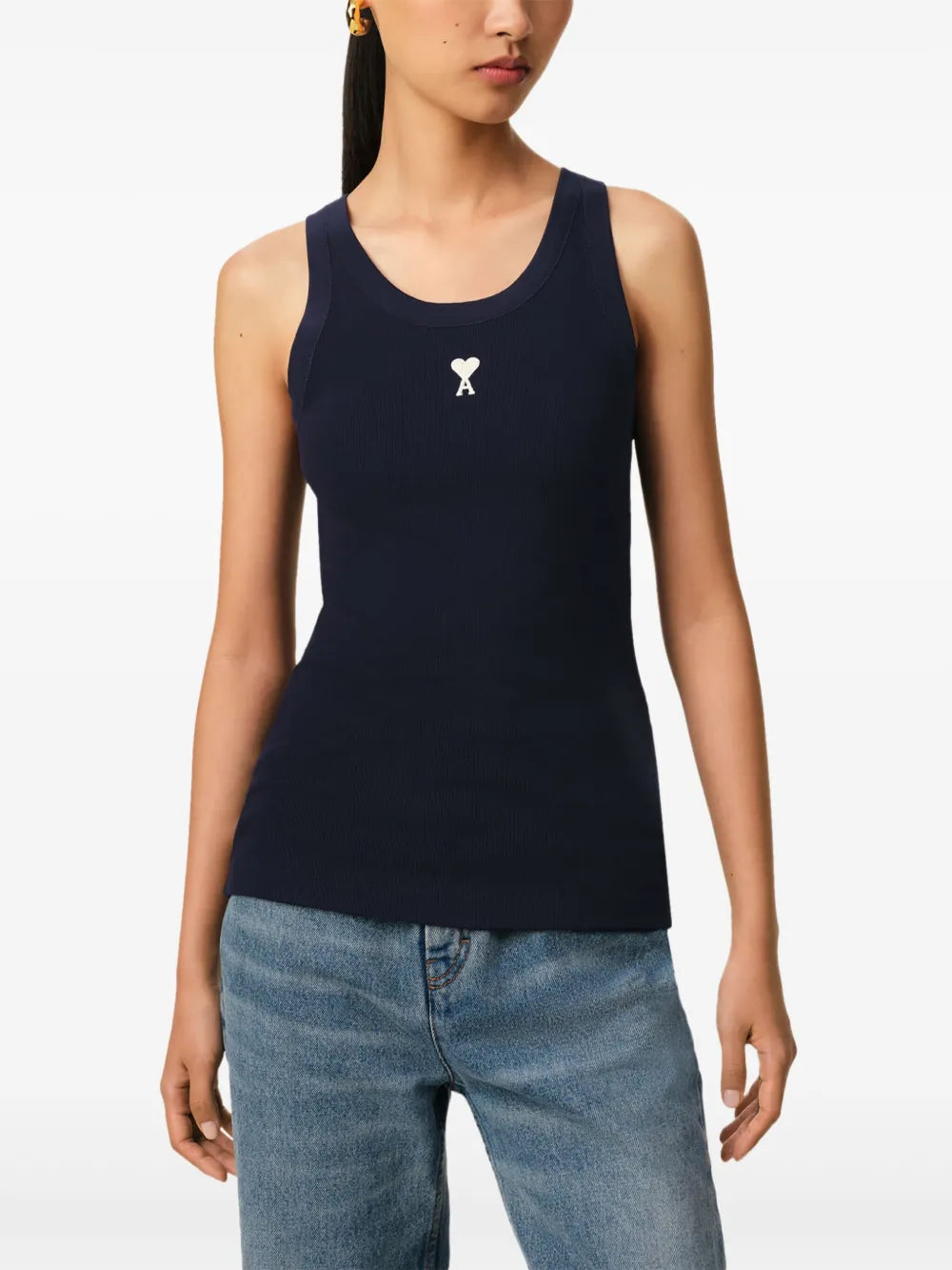 navy tank top, ribbed top, cotton tank, heart logo, casual wear