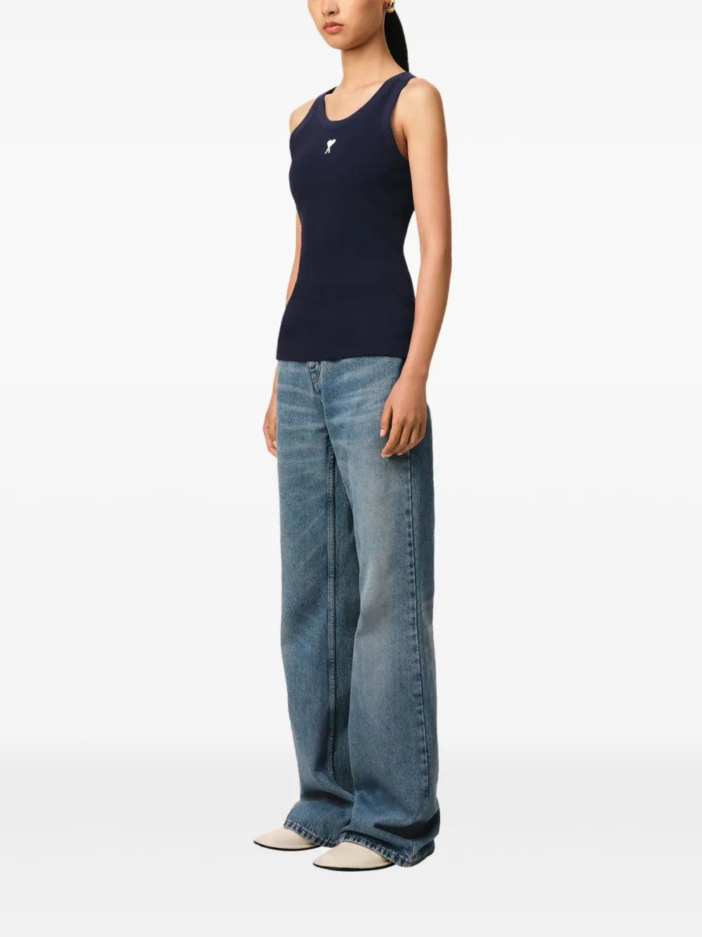 navy tank top, ribbed top, cotton tank, heart logo, casual wear