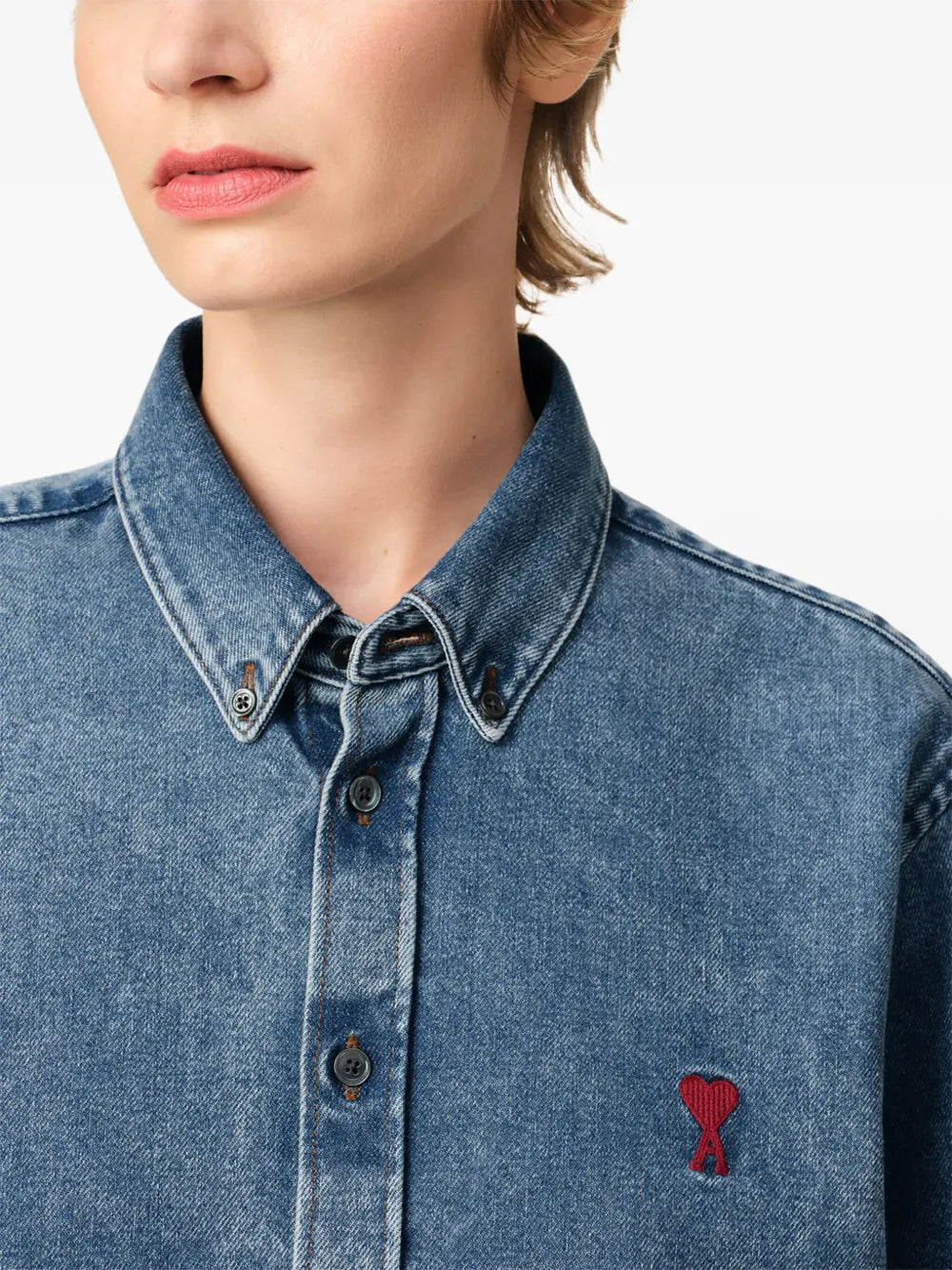 cotton shirt, AMI Paris, blue shirt, embroidered logo, classic collar