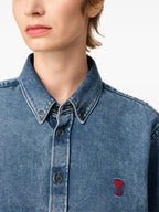 cotton shirt, AMI Paris, blue shirt, embroidered logo, classic collar