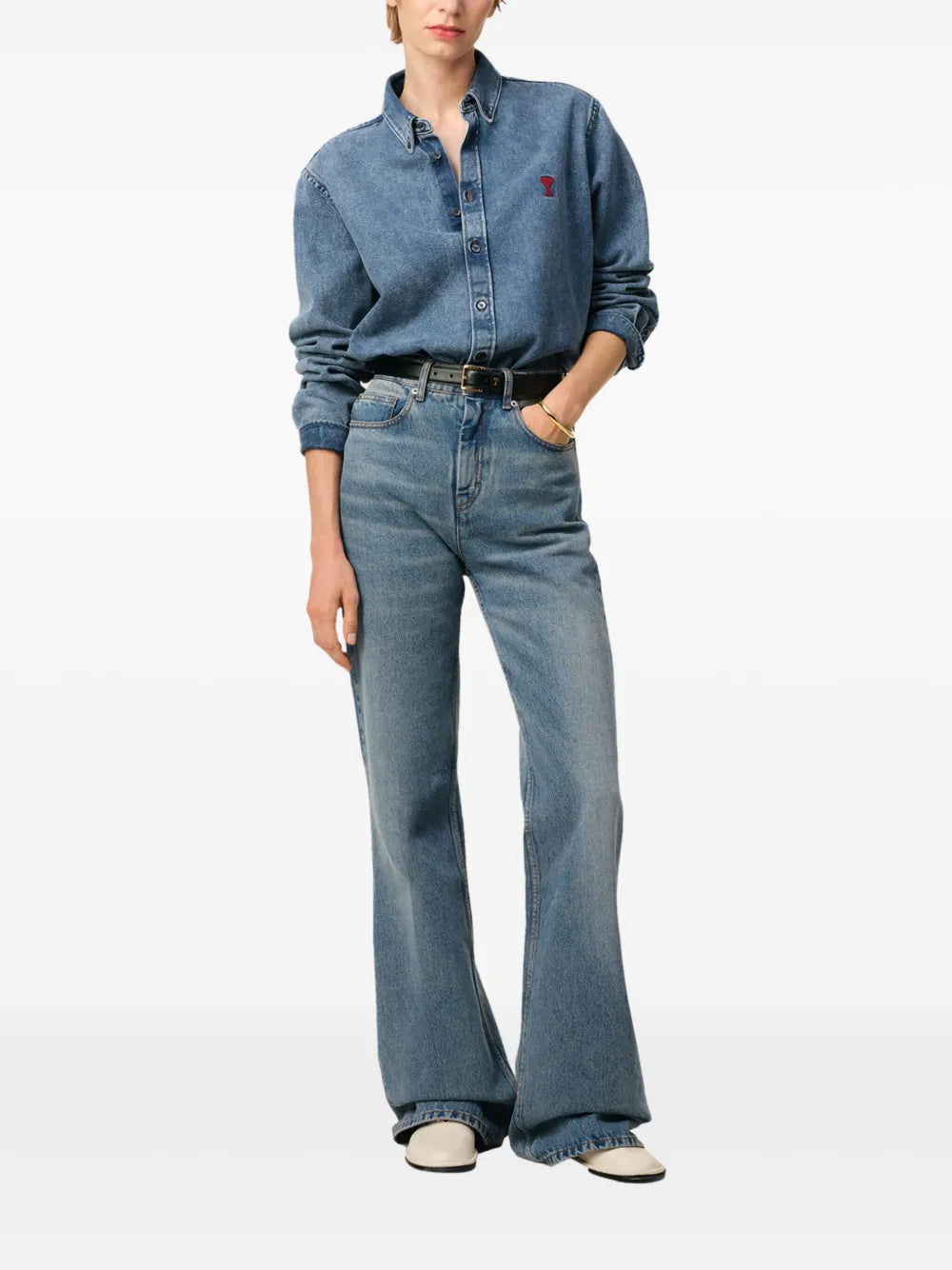 cotton shirt, AMI Paris, blue shirt, embroidered logo, classic collar