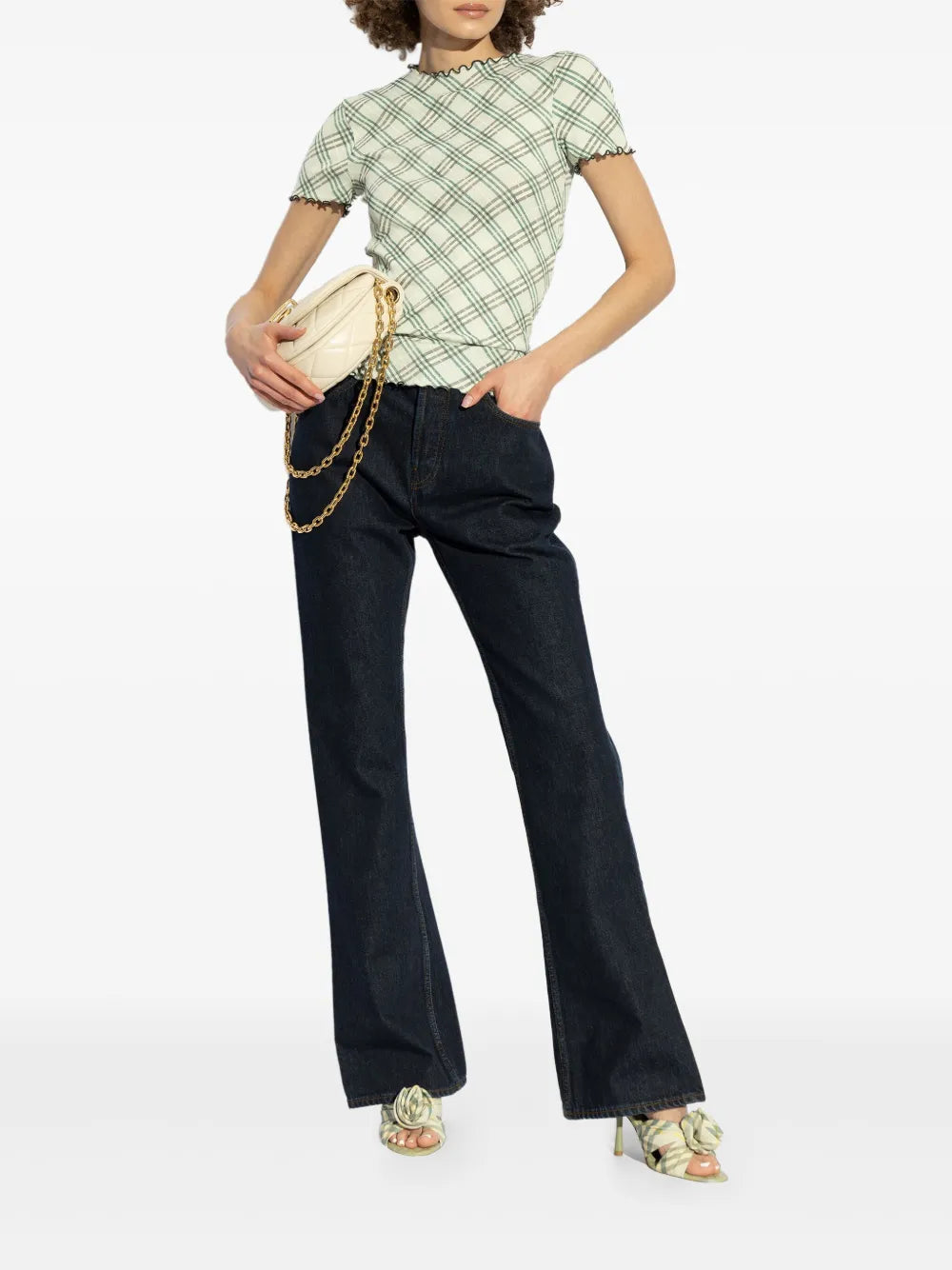 그린 체크 코튼 스트레치 티셔츠