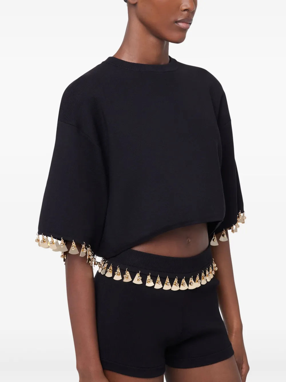 black crop sweater, knitwear, Rabanne, metallic details, Spring-Summer collection